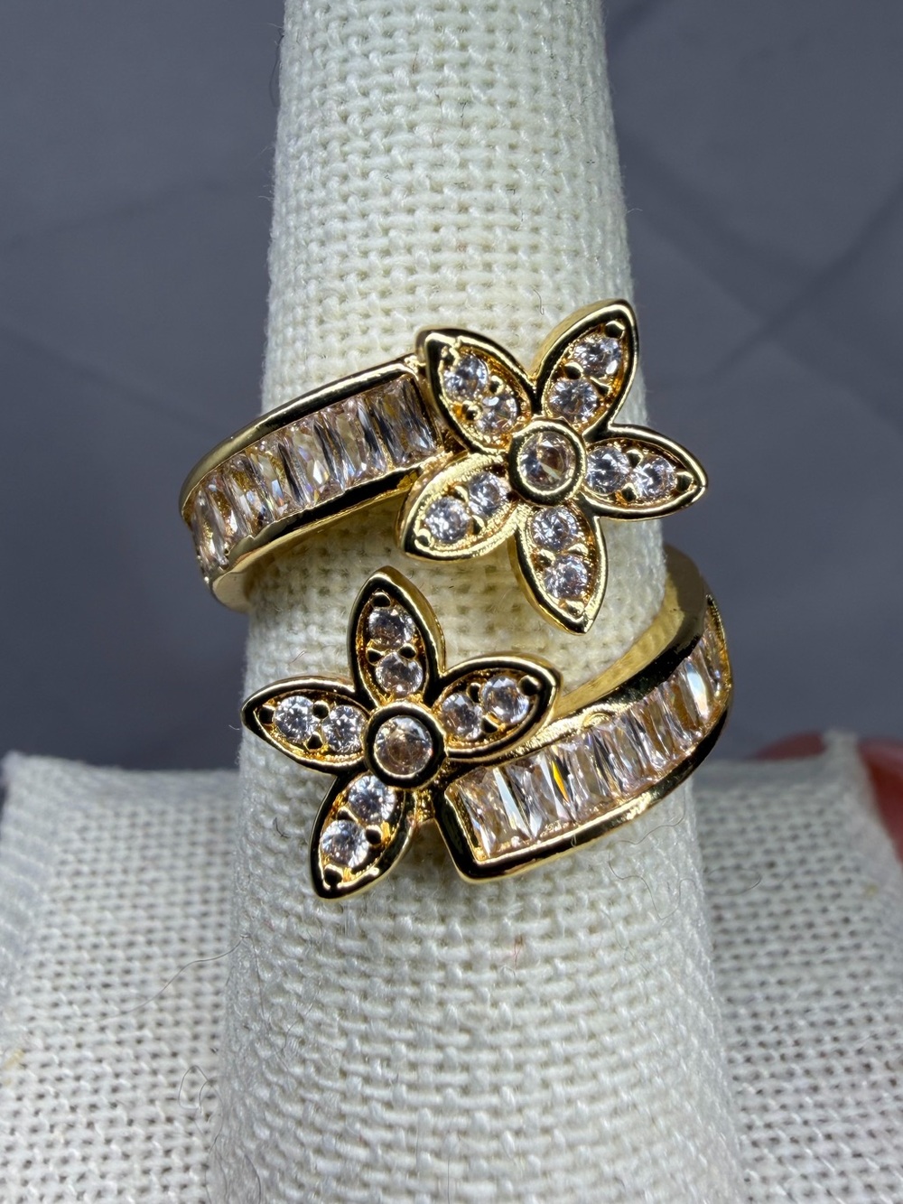 Adjustable 18K Gold-Plated Flower Crystal Statement Ring CZ Baguettes NEW